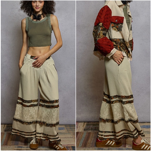 POL Oatmeal Floral Print Lace Wide leg Pants - Picture 3 of 3